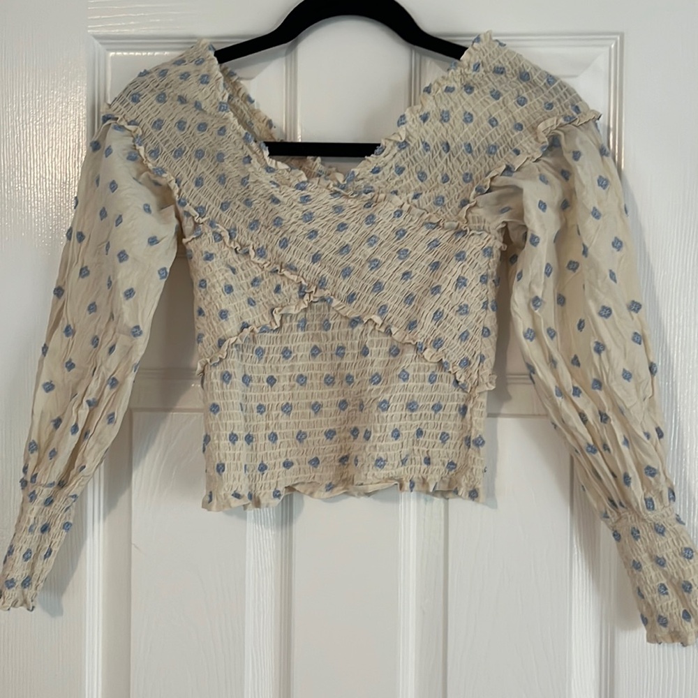 BB Dakota blue and white polka dot blouse